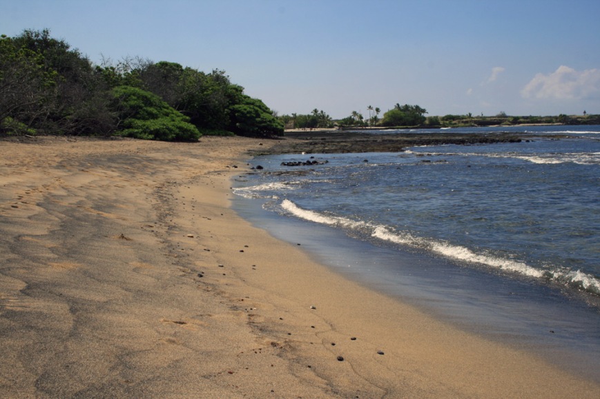 At many of Kona's beaches, like this on in Honokohau harbour, the traces of black volcanic sand can be seen mixed in with lighter sand.